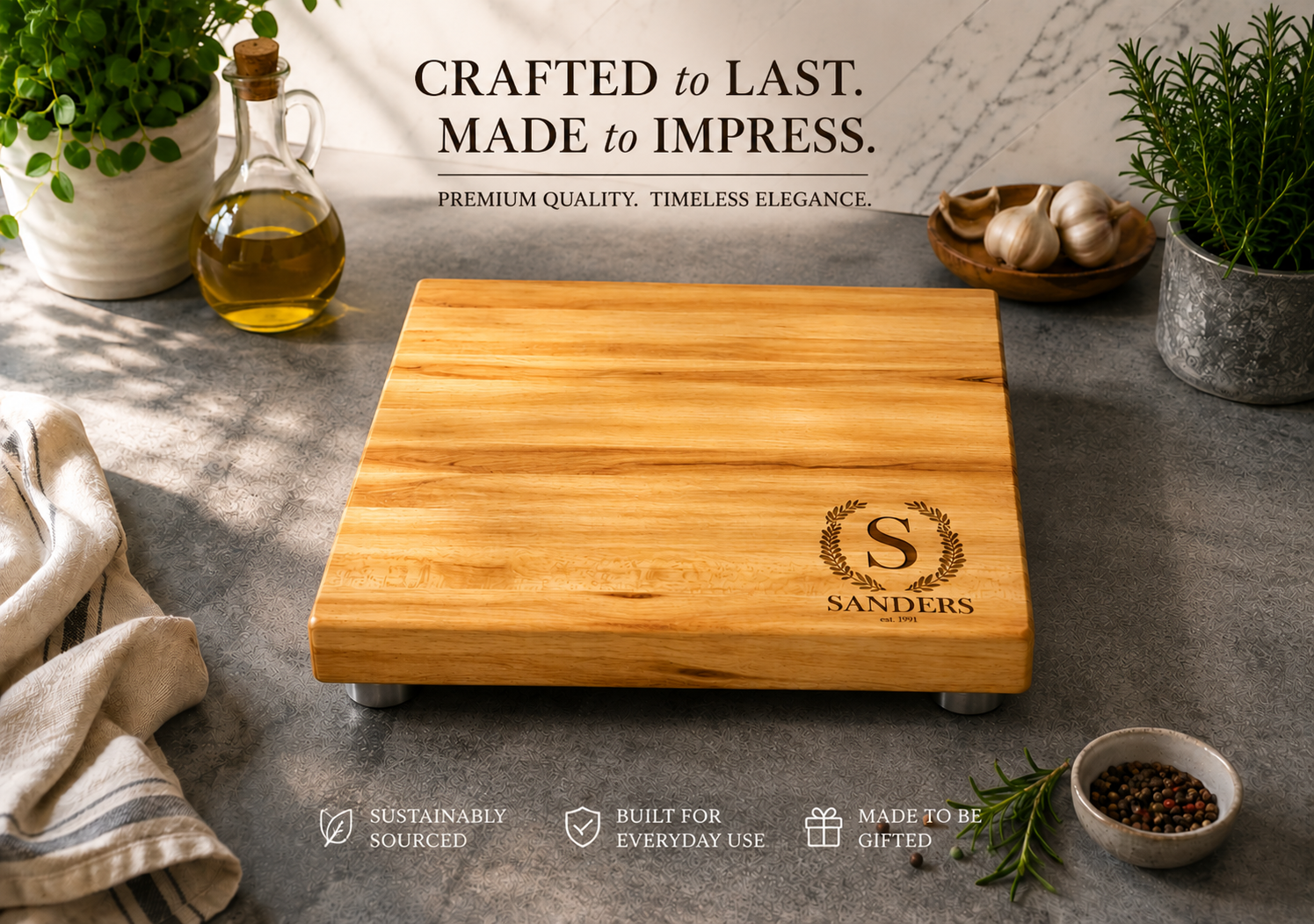 Maple 12x12 Butcher Block Cutting Board with Stainless Steel Feet