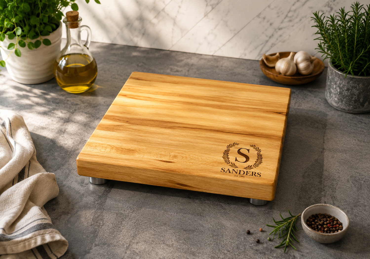 Maple 12x12 Butcher Block Cutting Board with Stainless Steel Feet