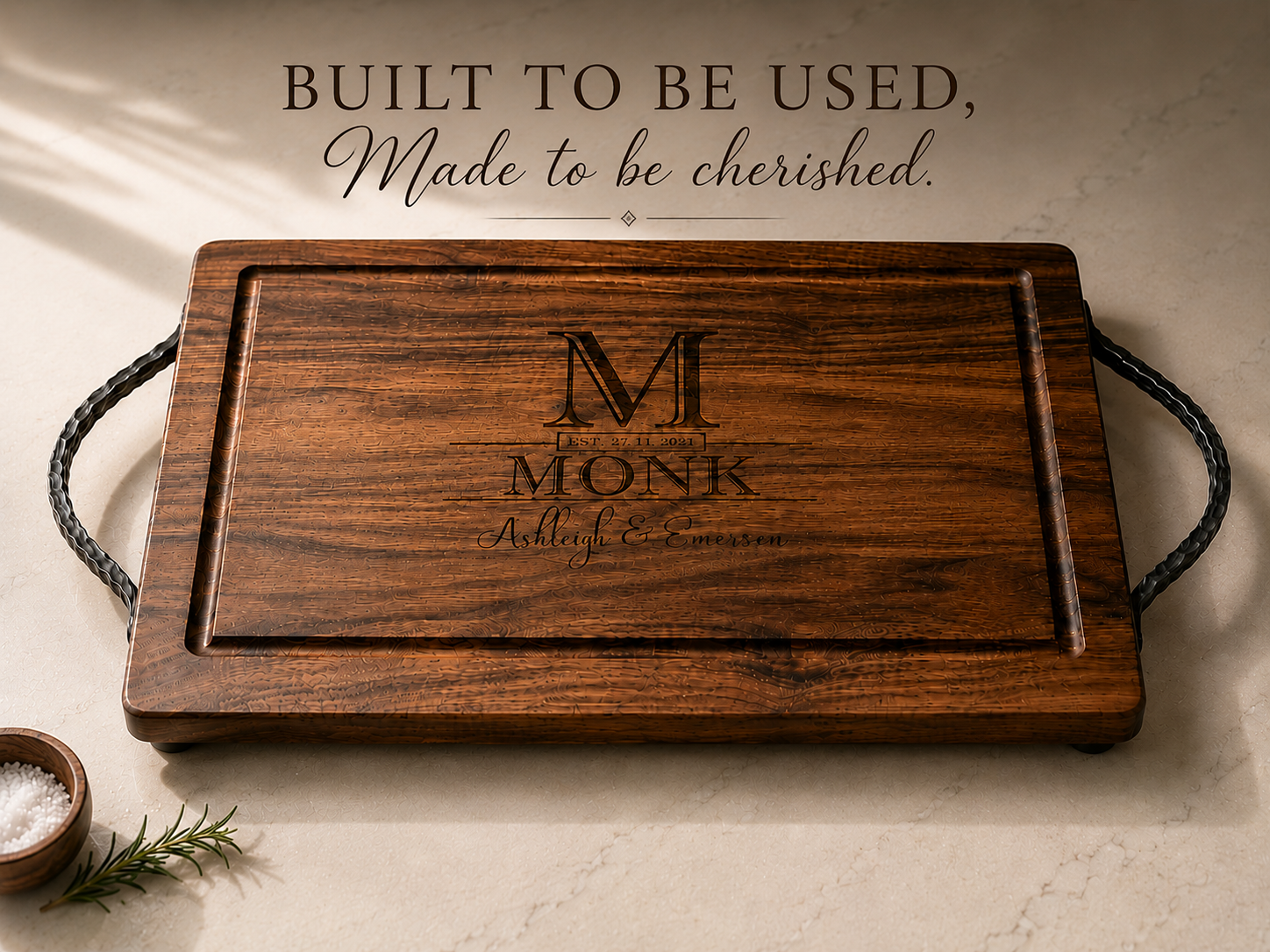 Personalized Walnut Cutting Board / Serving Tray with Optional Iron Handles