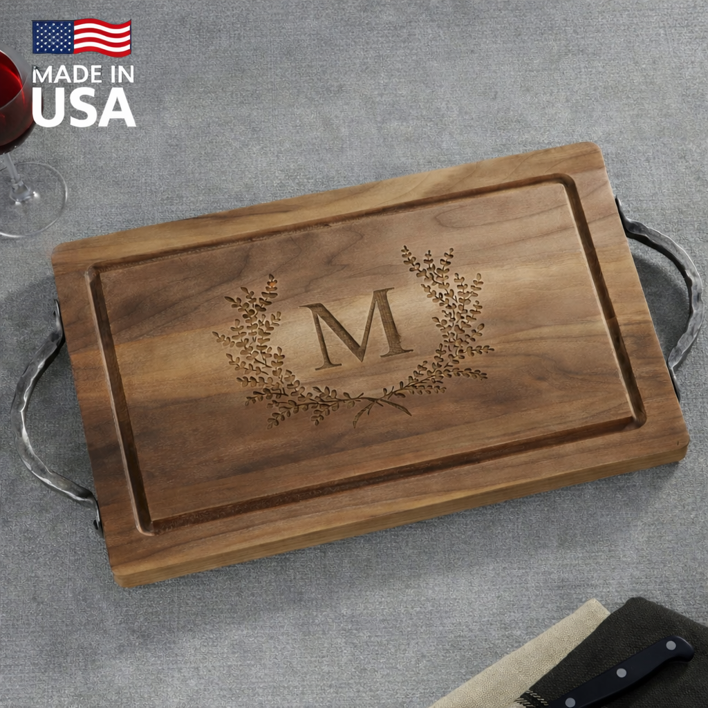 Personalized Walnut Cutting Board / Serving Tray with Optional Iron Handles