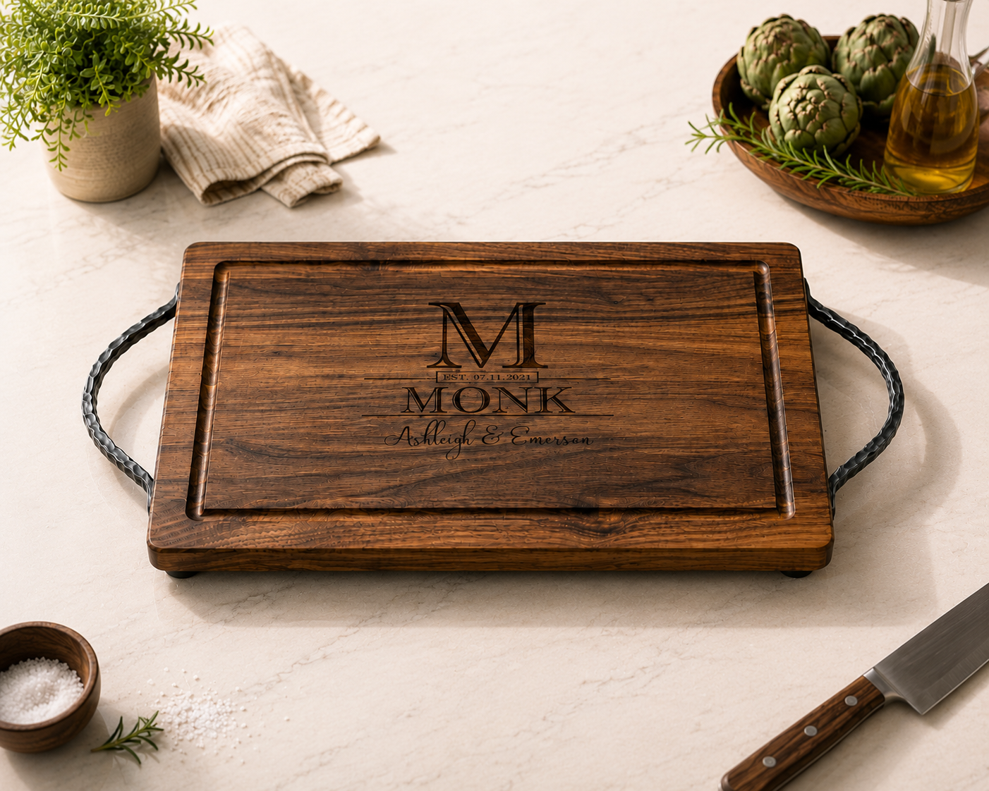 Personalized Walnut Cutting Board / Serving Tray with Optional Iron Handles